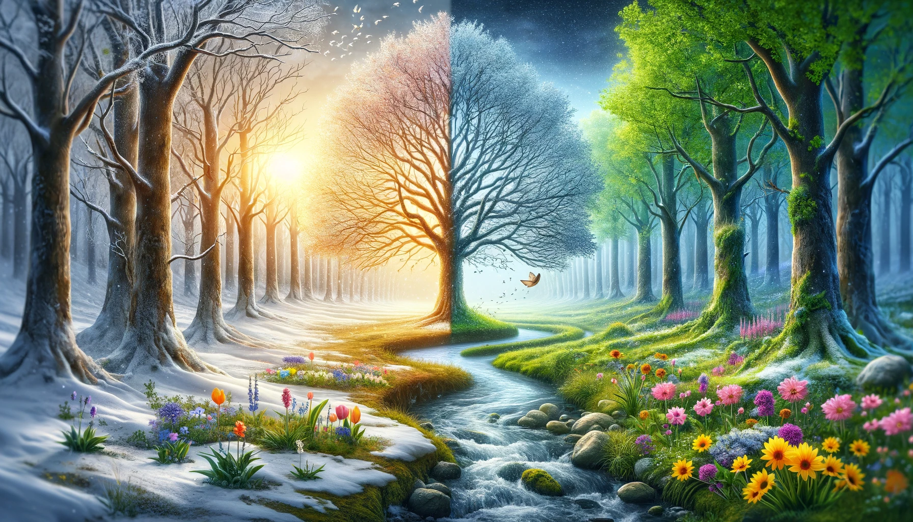 Image that represents the transition from tree dormancy in winter to the vibrant awakening of spring, capturing the contrast between the two seasons. It visually illustrates the concept of dormancy and renewal in nature